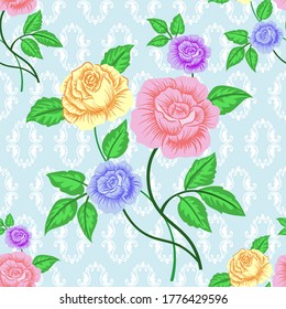 traza a mano rosa sin fisuras de los bocetos de rosa y hojas en tonos delicados de estilo vintage, fondo vectorial, tela, tatuaje