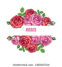 Rose hand drawn vector illustration. Rose bouquet. Hand drawn flowers and buds. Vintage design template. Botanical illustration. Wedding print. Floral decor