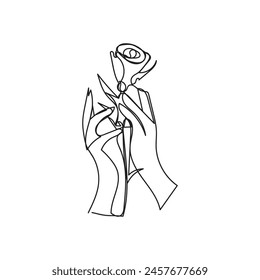 Rose with hand  minimal design hand drawn one line style drawing, one line art continuous drawing, rose with hand  single line art 