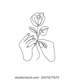 Rose with hand  minimal design hand drawn one line style drawing, one line art continuous drawing, rose with hand  single line art 