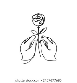 Rose with hand  minimal design hand drawn one line style drawing, one line art continuous drawing, rose with hand  single line art 