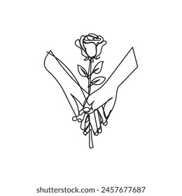 Rose with hand  minimal design hand drawn one line style drawing, one line art continuous drawing, rose with hand  single line art 
