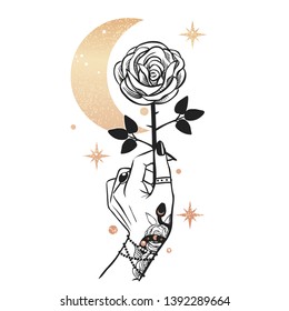 Rose in hand. Vector hand drawn illustration