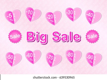 Rose Heart Big Sale tags with Sale up to five nine percent text. Discount labels. Vector