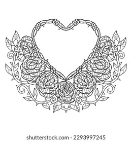 Rose and heart hand drawn for adult coloring book