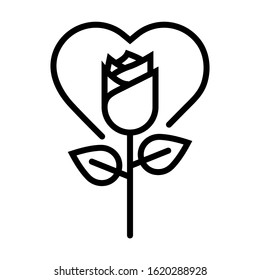 Rose with heart icon. Simple design. Line vector. Isolate on white background.