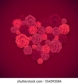 Rose Heart Isolated on Red Background. Happy Valentines Day Card. Wedding Poster.