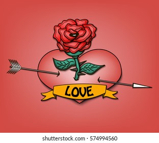 Rose with a heart pierced by an arrow. Ribbon with the inscription love. Vector illustration