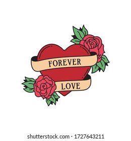 Rose and heart tattoo with wording forever love. Traditional tattoo flowers old school tattooing style ink. Isolated vector.