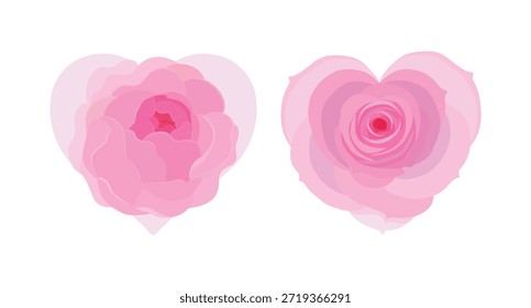 Corazón de rosa. Ilustración vectorial. Corazón en color rosa, icono del corazón para el diseño. Flor con pétalos. Amor, corazones románticos. Iconos del vector. Símbolo de amor de corazón. Para regalos, día de San Valentín, cumpleaños