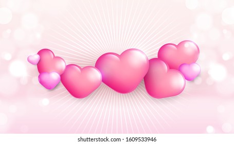 Rose hearts on glowing background. Happy Valentine day post card or banner. 3d red and pink elements on cute sale banner or love greeting card.