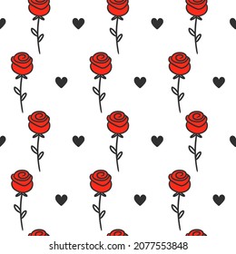 Rose und Herzen romantische nahtlose Muster. Vektor Cartoon handgezeichnet doodle Illustration Grafikdesign. Rosenblume, Herz, Liebe, Valentinstag nahtloses Musterkonzept
