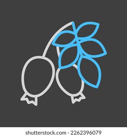 Bayas de cadera rosa y hojas vector sobre icono de fondo oscuro. Símbolo gráfico del sitio web de comida y bebida, diseño de aplicaciones, aplicaciones móviles y medios impresos, logotipo, interfaz de usuario