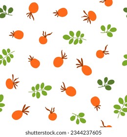 Rose hip berries seamless pattern. Autumn orange berries, branches and leaves on the white repeat background. Vector floral hand drawn illustration. Cute dog-rose berry wallpaper, package, print.