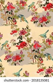 rose hip birds japanese chinese design sketch ink paint style seamless