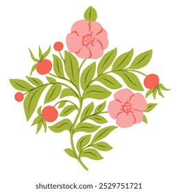 Rose hip blooming, botanical vector illustration with plant stems and leaves. Vector decorative floral design element on white background