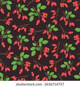 Rose hip branch. Autumn, fall seamless pattern. Flat vector clipart, illustration with isolated background.