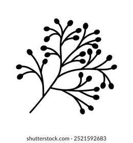 Rose hip branch with berries, vector icon. Wild bush, silhouette of a twig. Hand drawn winter plant, botanical doodle for Christmas cards, New Year decorations. Simple sketch, isolated vintage clipart