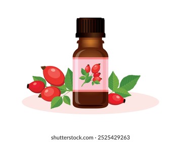 Rose hip essential oil in a brown glass bottle vector illustration. Glass cosmetic bottle with rosehip nourishing oil icon vector isolated on a white background. Natural facial oil drawing