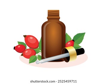 Rose Hüfte Gesichtsöl in einer braunen Glasflasche Vektorgrafik. Hagebuttenöl-Durchstechflasche mit einem Tropfersymbol einzeln auf weißem Hintergrund. Kosmetikflasche mit essenzieller Pflegeölzeichnung