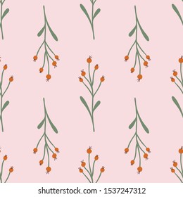 Rose hip illustration seamless vector pattern. Repeating nature plant background.