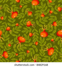 Rose hip seamless green pattern. Vector background.
