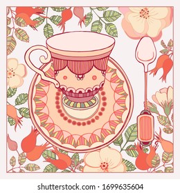 Rose hip Tea cup saucer spoon doodle hand drawn graphics vector