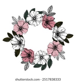 Coroa vetor quadril rosa com folhas e flores. Rosa selvagem, desenho de arte de linha de ervas medicinais, rosa e broto vermelho. Ilustração gráfica de contorno. modelo para cartão, impressões, logotipo, tatuagem, design de casamento.