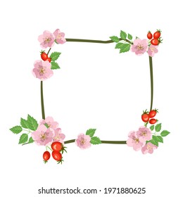 Rose hip wreath. Square frame, cute pink flowers rose red fruits and leaves. Festive decorations for wedding, holiday, postcard, poster and design. Vector flat illustration