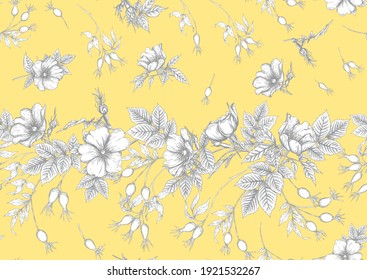 Rose hips with flowers and berries seamless pattern. Graphic drawing, engraving style. Vector illustration in Illuminating yellow and ultimate grey color