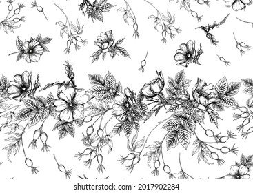 Rose hips with flowers and berries seamless pattern. Graphic drawing, engraving style. Vector illustration in black color on white background