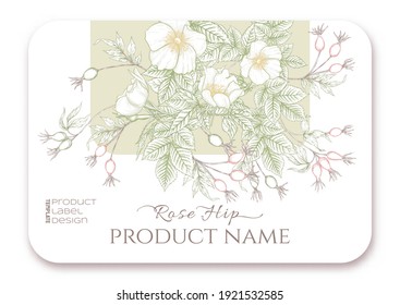 Rosenhippen mit Blumen und Beeren. Vorlage für das Produktetikett, kosmetische Verpackung. Leicht zu bearbeiten. Grafische Zeichnung, Gravierungsstil. Vektorgrafik.