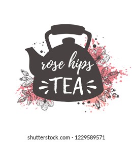 Rose hips tea concept design. Kettle. Hand drawn vector illustration. Can be used for cafe, market, menu, shop, bar, restaurant, poster, label, sticker, logo.