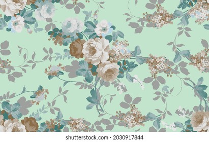 Rose And Hydrangea Flower Seamless Hand Drawn Pattern Vector. Modern Flower Bouquet Illustration On Green Background