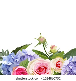 Rose and hydrangea flowers background.  Filigree realistic floral elements for design. Wedding invitation. Vector illustration isolated and editable.