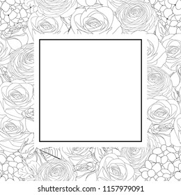 Rose, Hydrangea and Ranunculus Outline Banner Card. Vector Illustration.