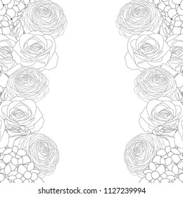 Rose, Hydrangea and Ranunculus Outline Border. isolated on White Background. Vector Illustration.