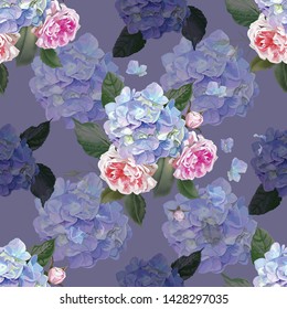 Rose and hydrangea seamless pattern - vector