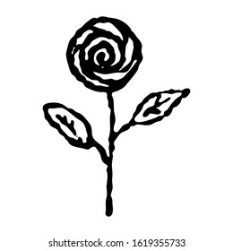 Rose icon. Black ink contour vector drawing. Isolated object on a white background. Isolate.