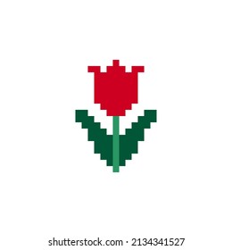 Rose icon. Pixel art. Logo of the flower shop. Element for the design of the greeting card International Women's Day, Mother's Day. Sticker design. Isolated vector illustration.