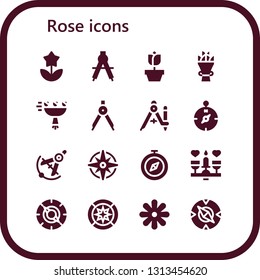 rose icon set. 16 filled rose icons.  Collection Of - Flower, Compass, Rose, Bouquet, Windrose, Dating, Wind
