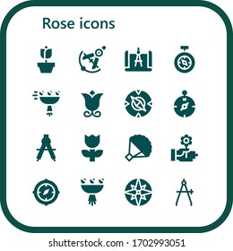 conjunto de iconos de rosa. 16 iconos de rosa rellenos. Iconos Rose, Compass, Bouquet, Flower incluidos