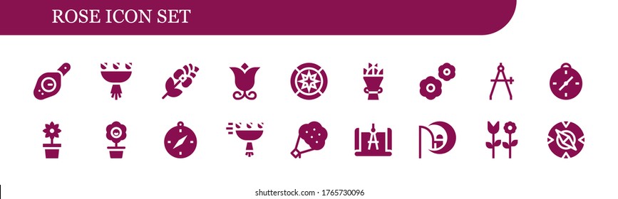 Rose-Symbol-Set. 18 gefüllte Rosensymbole. Inbegriffen sind Kompass, Bouquet, Rose, Blume, Windblumen, Dreamworks-Symbole