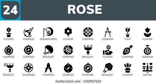 rose icon set. 24 filled rose icons.  Simple modern icons about  - Flower, Compass, Dreamworks, Tulip, Bouquet, Windrose, Dating