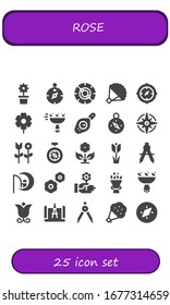 rose icon set. 25 filled rose icons.  Simple modern icons such as: Flower, Compass, Bouquet, Windrose, Tulip, Dreamworks, Flowers