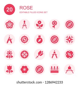 rose icon set. Collection of 20 filled rose icons included Violet, Compass, Flower, Tulip, Flowers