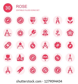 rose icon set. Collection of 30 filled rose icons included Compass, Bouquet, Flower bouquet, Flower, Rose, Hugh, Tulip, Violet