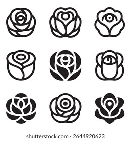 Rose Icon Set for Floral. Set of Simple, Stylized Rose Logos
