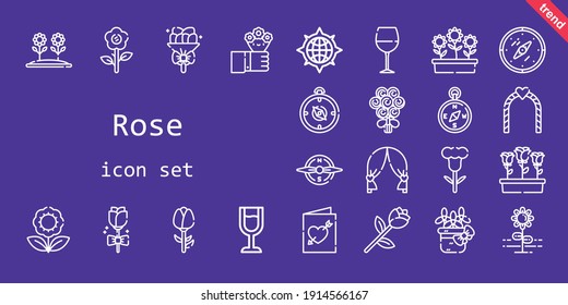 rose icon set. line icon style. rose related icons such as wine glass, flowers, wedding arch, compass, bouquet, rose, wedding invitation, flower