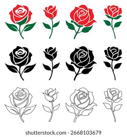 Rose icon set. Red rose with green leaves. Flower silhouette. Rose outline icon vector. Vector illustration.